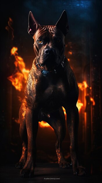 Foto un perro con un cuello azul está en llamas.