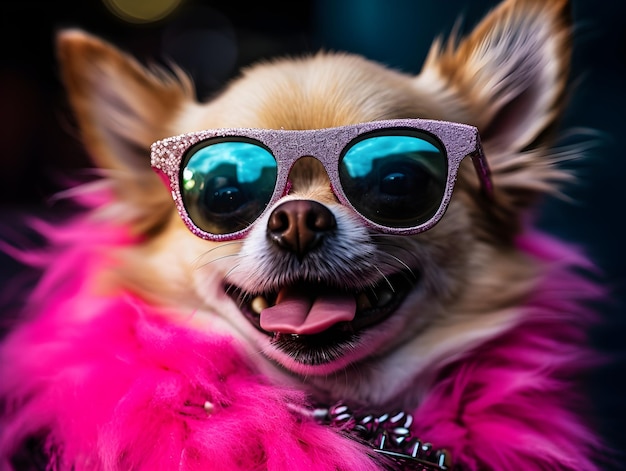 Un perro con cuello de piel rosa y gafas de sol.