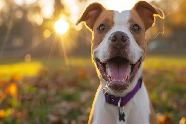 un perro con un cuello púrpura que dice "feliz" en él