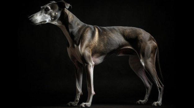 Un perro con un cuerpo musculoso se para en una habitación oscura.