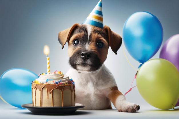 Un perro de cumpleaños con un pastel de cumpleaños y globos.