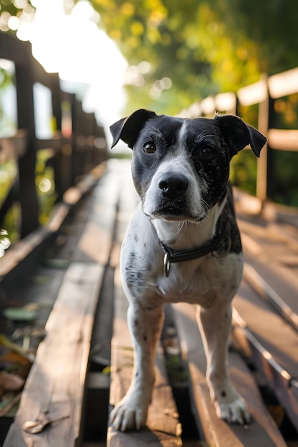 Foto perro curioso en el centro de la ciudad en un sendero de madera