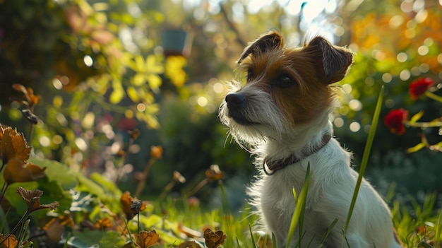 Perro curioso explorando la aventura al aire libre en el jardín