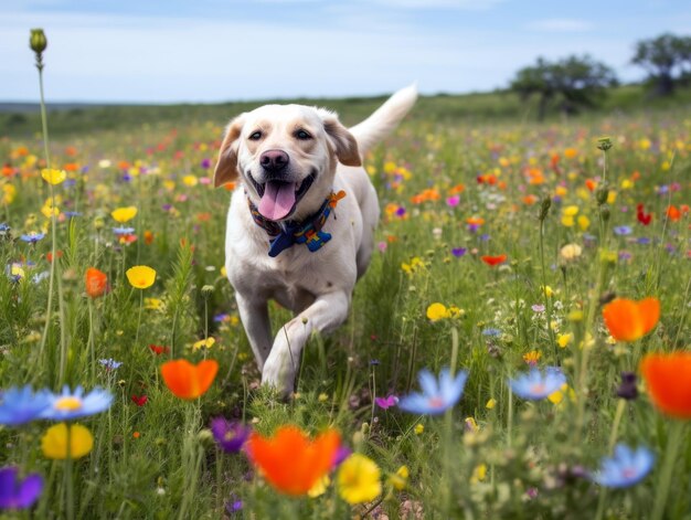 Foto perro curioso explorando un campo de flores silvestres en flor