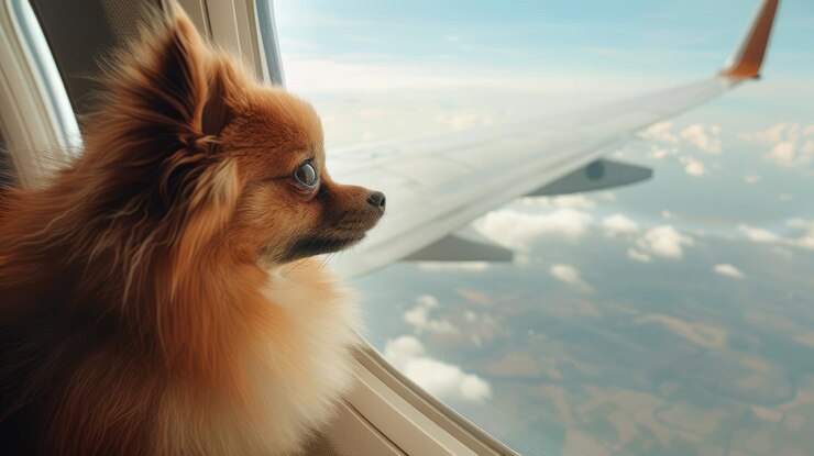 Perro curioso en el portaaviones por el asiento de la ventana Mascota viajando en el aire con emoción y trepidancia