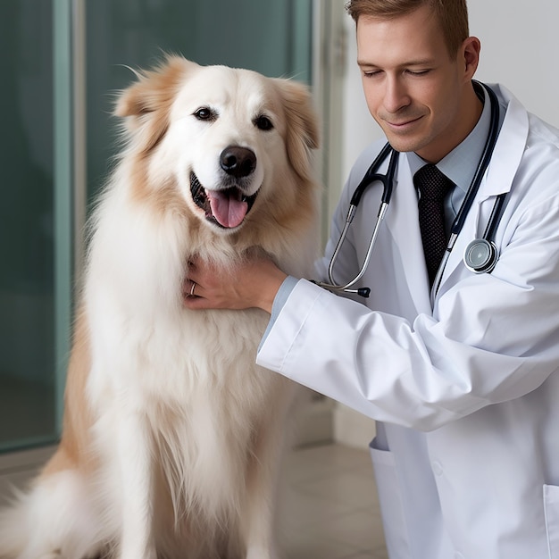 Foto un perro da un apretón de mano al veterinario