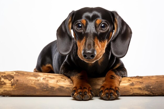 Foto perro dachshund acostado en un muelle de madera y mirando a la cámara