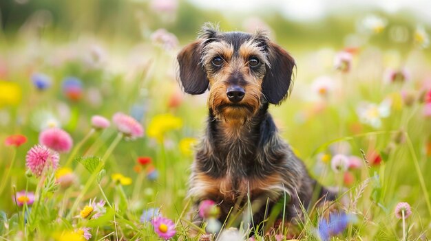 Perro Dachshund de alambre sentado en un campo de prado rodeado de flores silvestres vibrantes y hierba en un día soleado