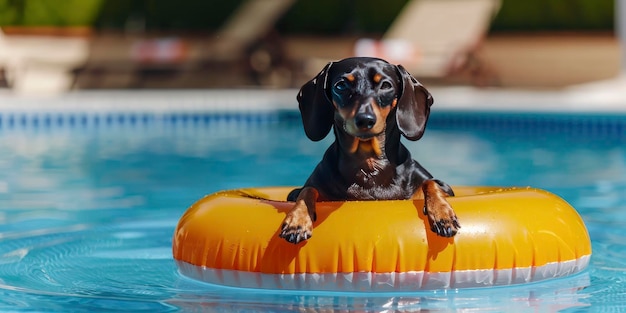 Un perro Dachshund en un anillo inflable en la piscina para un concepto de vacaciones de verano