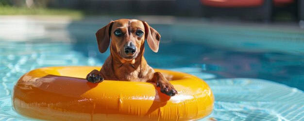 Un perro Dachshund en un anillo inflable en la piscina para un concepto de vacaciones de verano