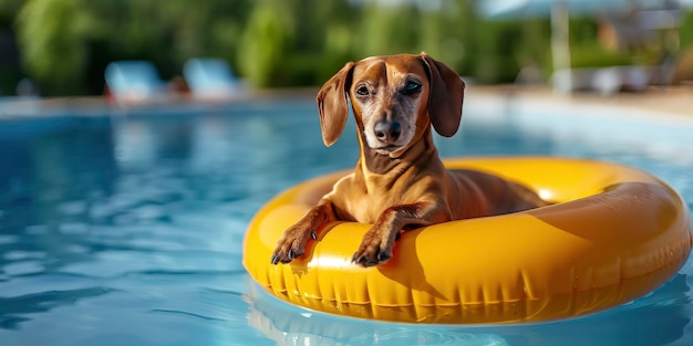 Un perro Dachshund en un anillo inflable en la piscina para un concepto de vacaciones de verano