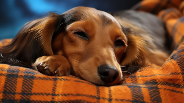 El perro Dachshund duerme pacíficamente en un sofá de peluche y acogedor