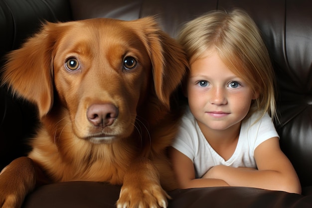 Perro Dachshund feliz con una niña dentro de una casa generada por IA