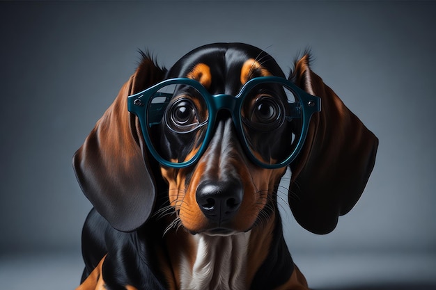Perro Dachshund con gafas aislado en un fondo de estudio gris IA generativa