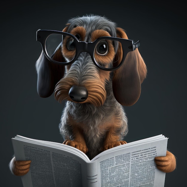 Perro Dachshund con gafas leyendo libro AI generativa