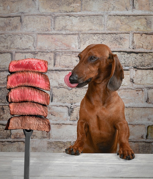 Foto el perro dachshund mira los filetes