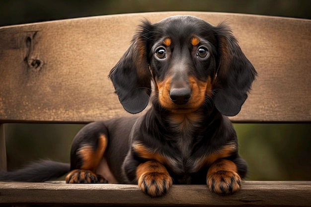 Foto perro dachshund negro y marrón sentado en un banco de madera ilustración generativa de ai