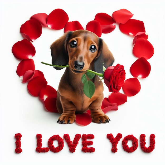 Perro Dachshund con una rosa en la boca y pétalos de rosa roja en forma de corazón te quiero.