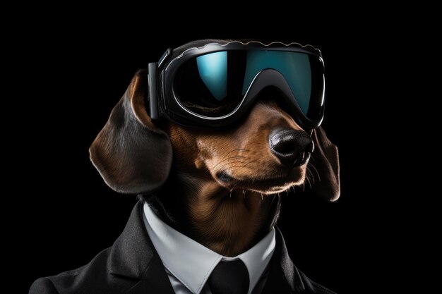 Perro Dachshund en traje y realidad virtual sobre fondo negro