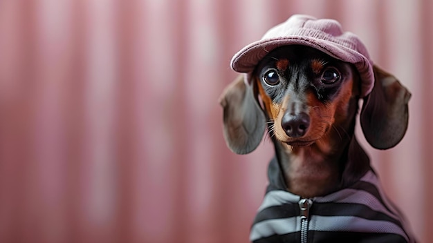 Foto perro dachshund vestido como un rapero contra un fondo ruborizado que muestra la moda de mascotas concept pet fashion dachshund rapper costume blush background perro sesión de fotos