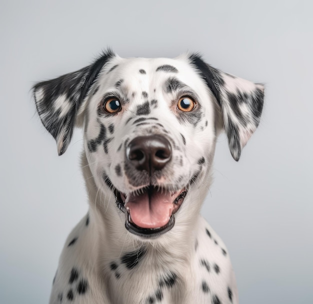 Un perro dálmata con la boca abierta y la lengua afuera.