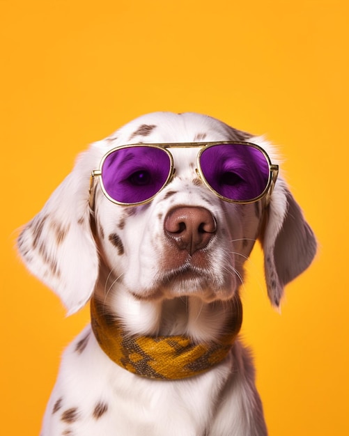 Un perro dálmata con gafas de sol moradas