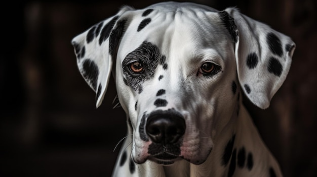 Un perro dálmata con manchas negras y una mancha negra en la cara.