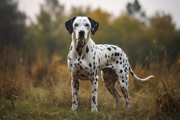 Perro dálmata de pie en el campo de otoño Enfoque selectivo Generado por IA