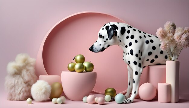 Foto un perro dálmata está de pie frente a un cuenco de fruta