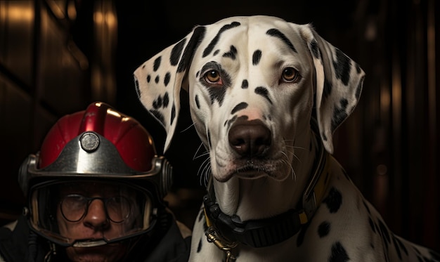 Perro dalmático con casco de pie junto al hombre