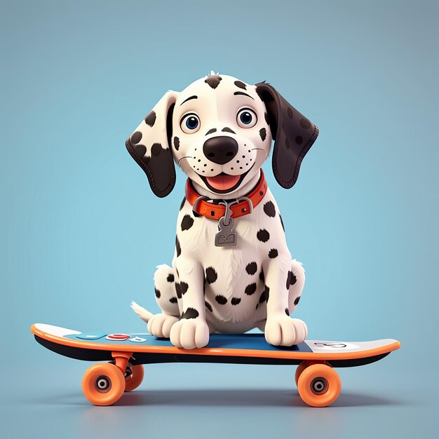 Perro dalmático lindo jugando al skateboard icona vectorial de dibujos animados ilustración animal icona deportiva aislada