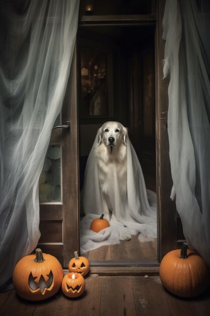 Perro con decoraciones de Halloween de calabaza