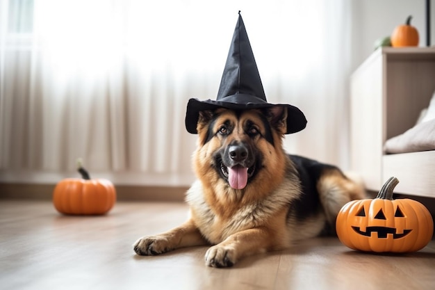 Perro con decoraciones de Halloween de calabaza