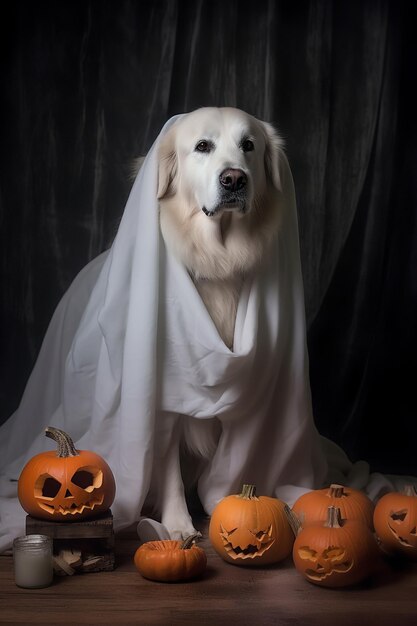 Perro con decoraciones de Halloween de calabaza