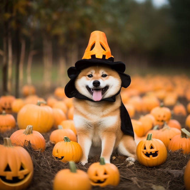 Perro con decoraciones de Halloween de calabaza