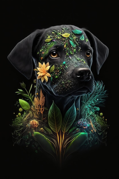 Perro decorado con flores sobre fondo negro