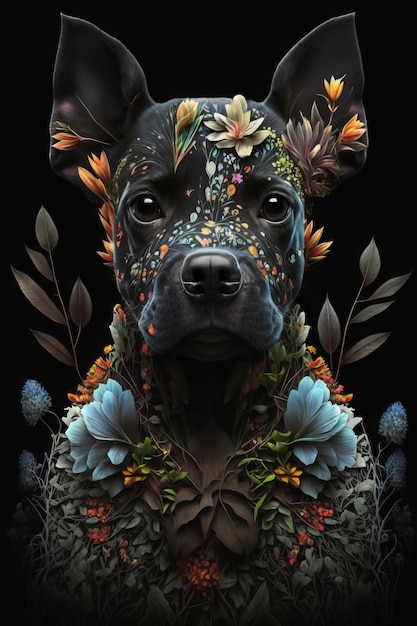 Perro decorado con flores sobre fondo negro