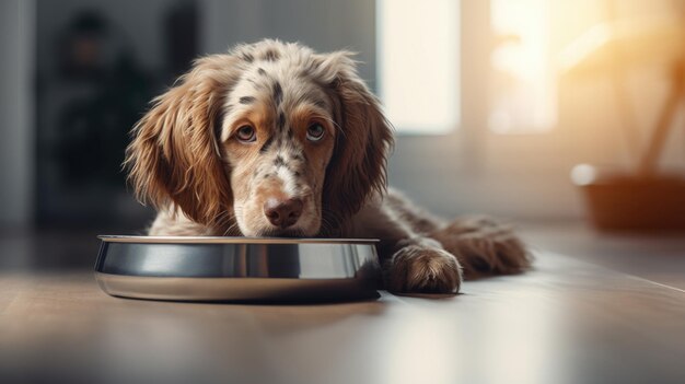 El perro deleita al dueño cariñoso un cuenco de croquetas