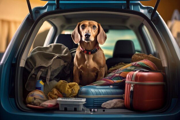 Perro dentro del maletero del coche listo para viajar con la familia.