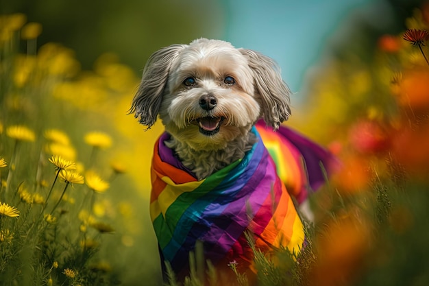 Un perro desaliñado con una bufanda con la bandera del orgullo lgbt corriendo por un prado florido IA generativa
