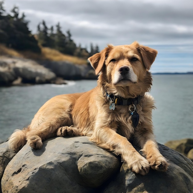 Un perro descansa sobre una roca frente al mar