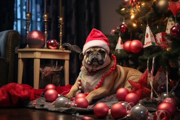 perro descansando bajo el árbol de Navidad generativo ai