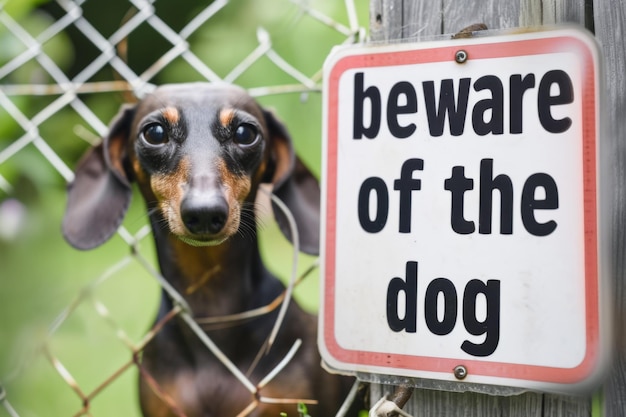 Perro detrás de la valla con cuidado con la señal de perro