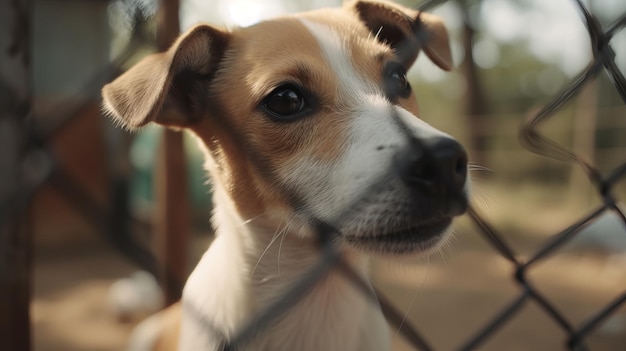 Un perro detrás de una valla mirando a la cámara.