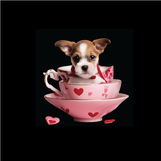 El perro del día de San Valentín sentado en la sublimación de la taza de té