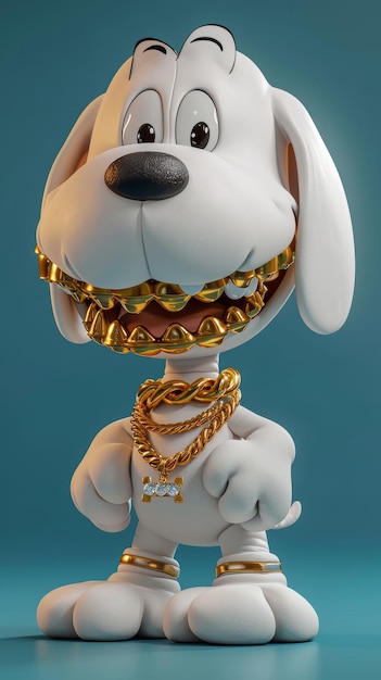 Foto perro de dibujos animados con collar de oro y cadena