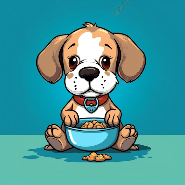 Foto perro de dibujos animados comiendo de un plato de comida ai generativa