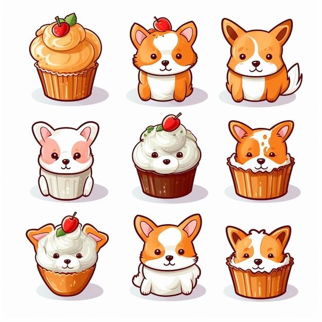 Perro de dibujos animados con diferentes cupcakes y muffins ai generativo