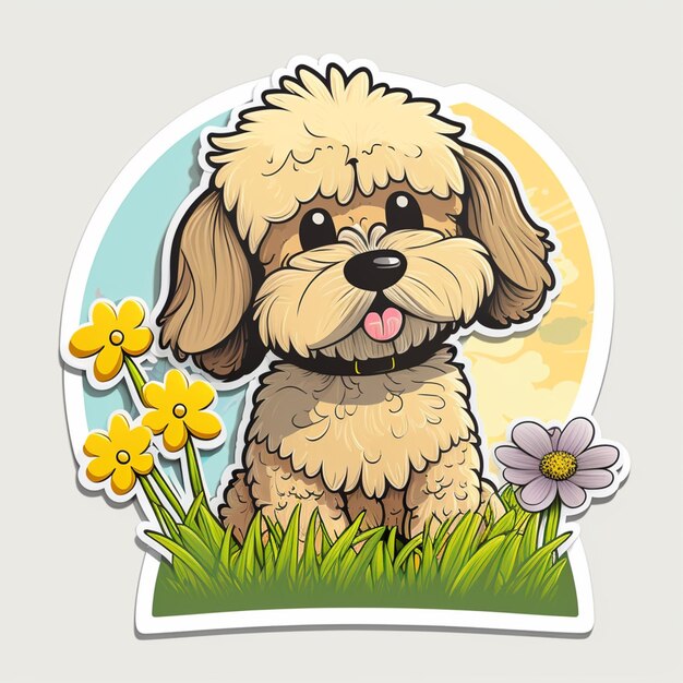 Perro de dibujos animados con flores y hierba frente a un sol generativo ai