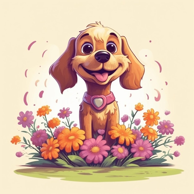 perro de dibujos animados con flores y mariposas en el fondo generativo ai